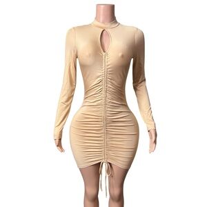 473/Beige Long Sleeve Ruched Bodycon Dress